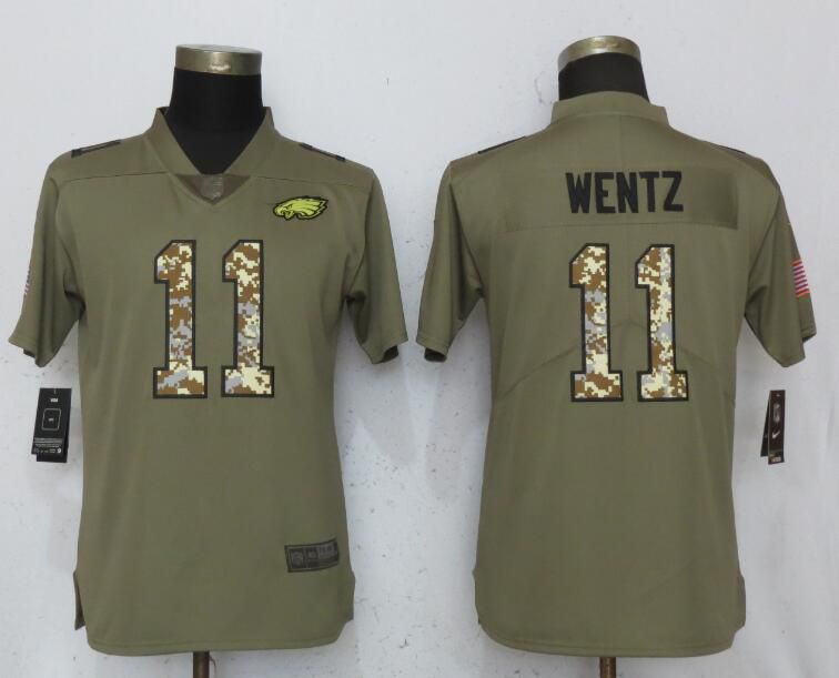 Women Philadelphia Eagles #11 Wentz Olive Camo Carson Nike Salute to Service Player NFL Jerseys